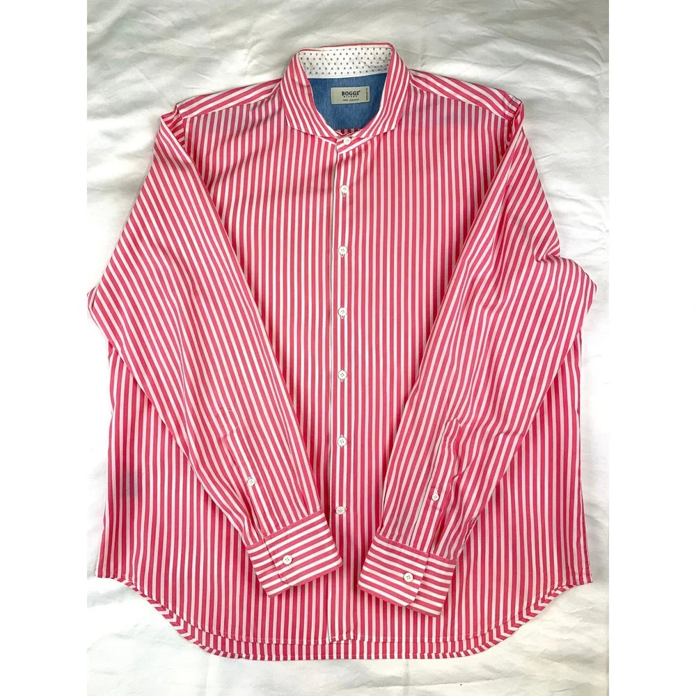 Boggi Milano Mens Pink White Striped Spread Collar Button Down New Classic Shirt
